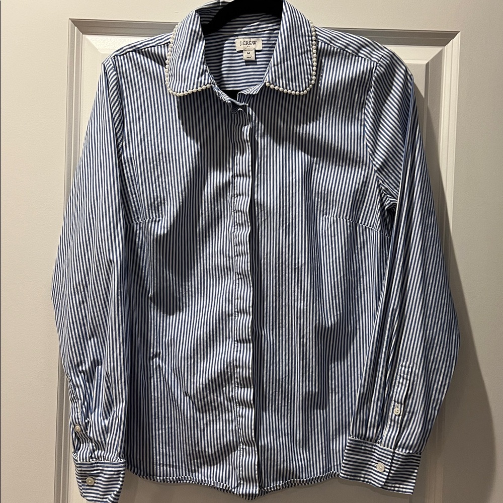 J. Crew Navy and White Striped Shirt with Pearl Detail